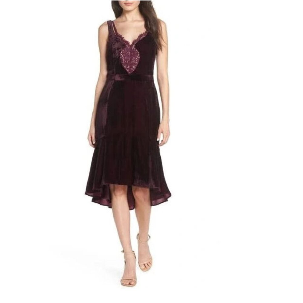 Harlyn  Romantic Velvet & Lace Dress, Burgundy/Eggplant, Womens Size X-Small